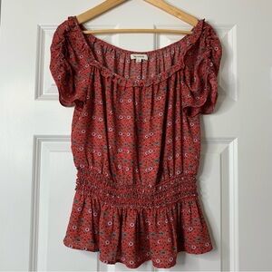 Max Studio Red Floral Smocked Waist Short Sleeve  Blouse Size L